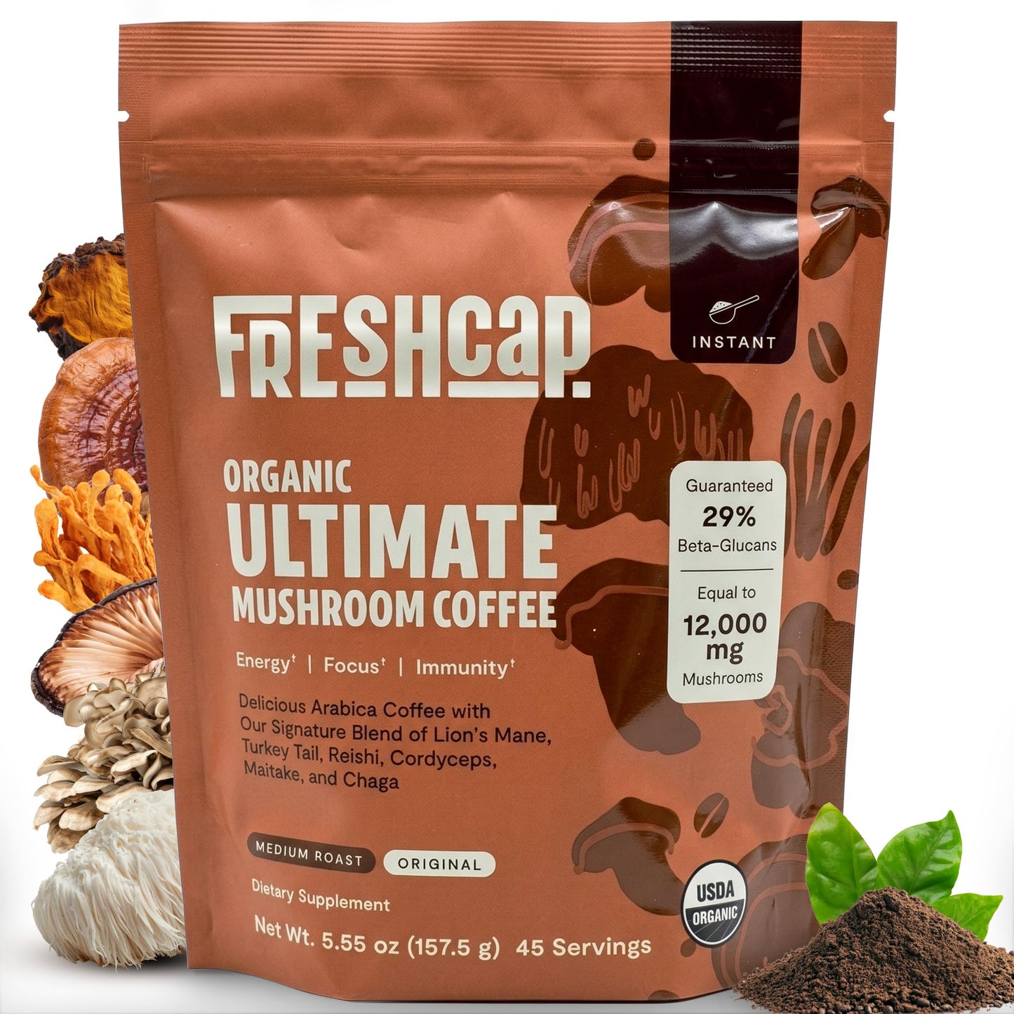FreshCap Mushrooms Premium Organic Mushroom Coffee Powder 12:1 Fruiting Body Extract 29% Beta-Glucans 45 Servings