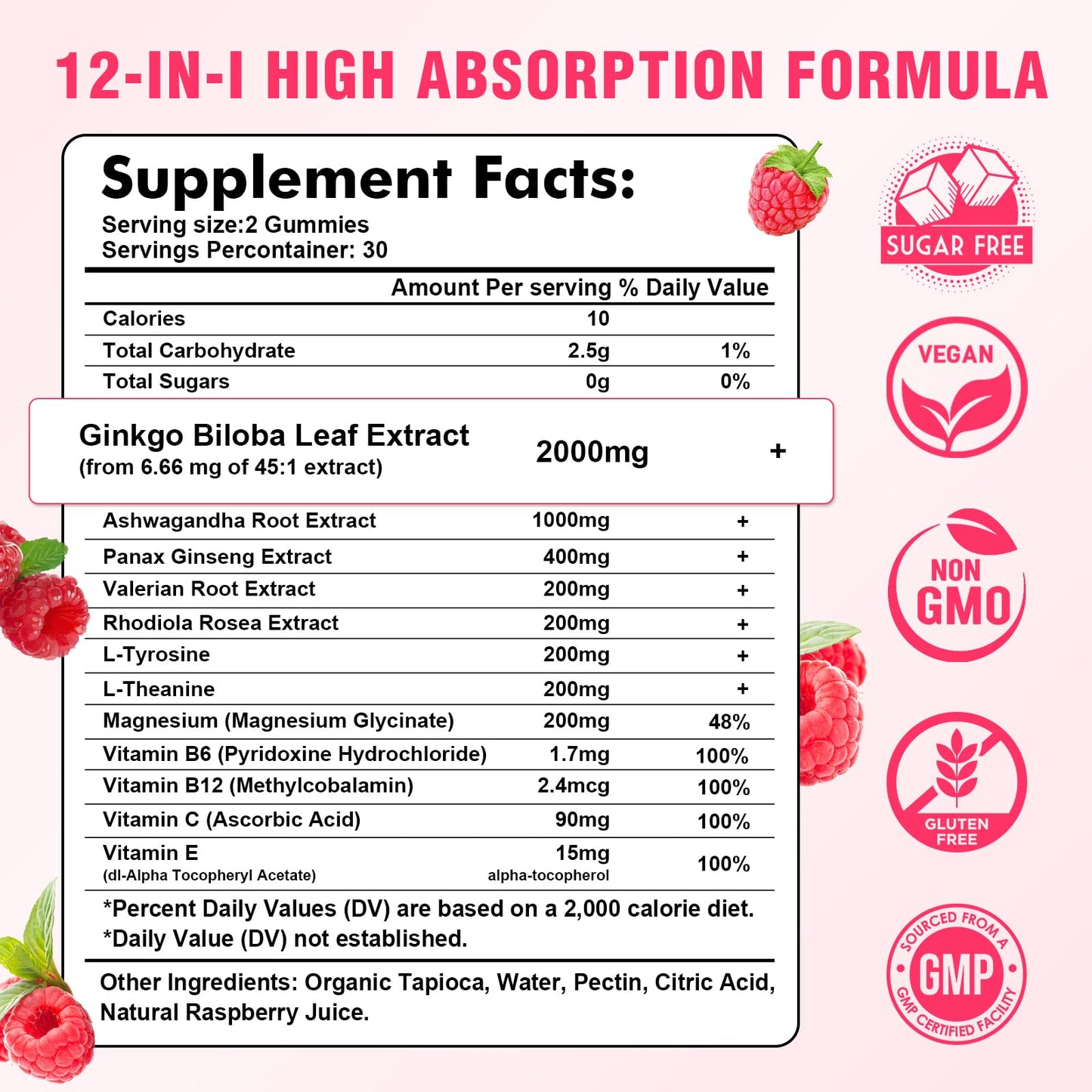 Sijigood Ginkgo Biloba Gummies with Panax Ginseng and Magnesium, Gummy, 60 Count
