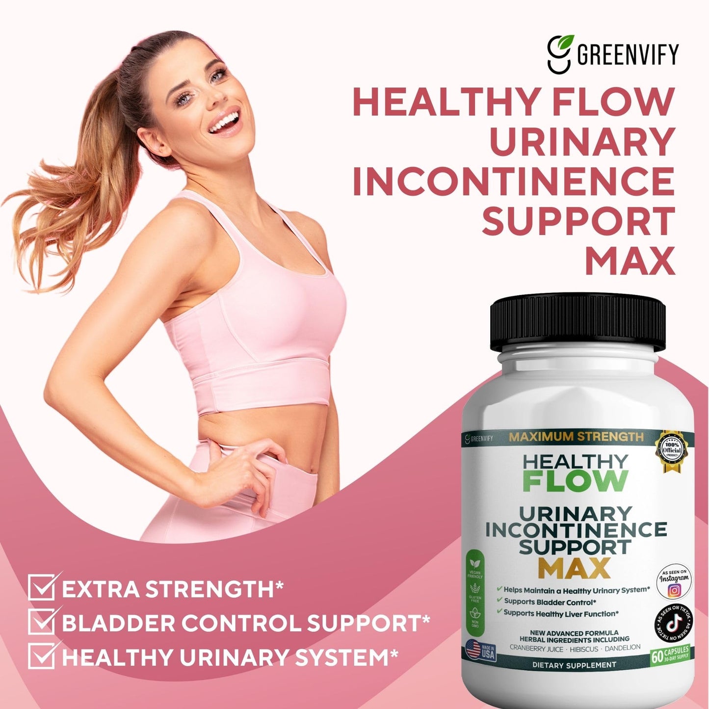 GREENVIFY Healthy Flow Urinary Support Max Feminine Bladder Control Extra Strength Urinary Formula 60 Capsules