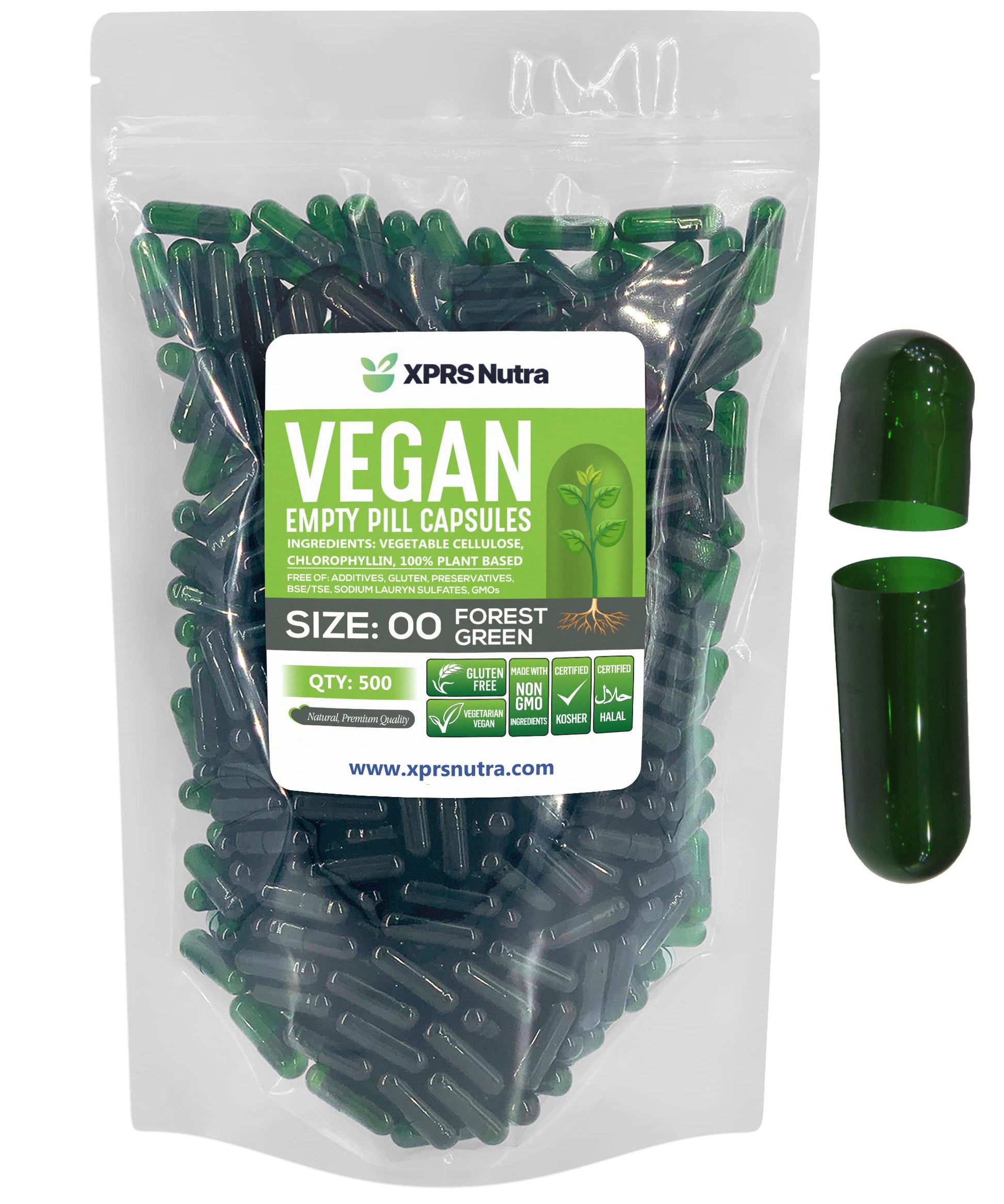 XPRS Nutra Size 00 Empty Capsules, Capsule, 500 Count, Forest Green