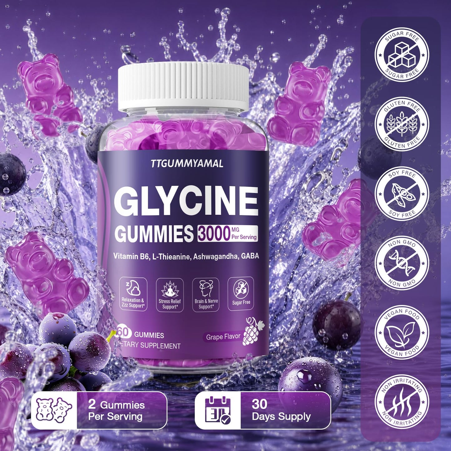 TTGUMMYAMAL Glycine Gummies, 3 g (3000 mg) Glycine Supplements for Sleep, Relax, Nerve Support, Stress Relief & Brain Health, Grape Flavor, Sugar-Free, Vegan, Non-GMO, Gluten-Free, 60 Ct