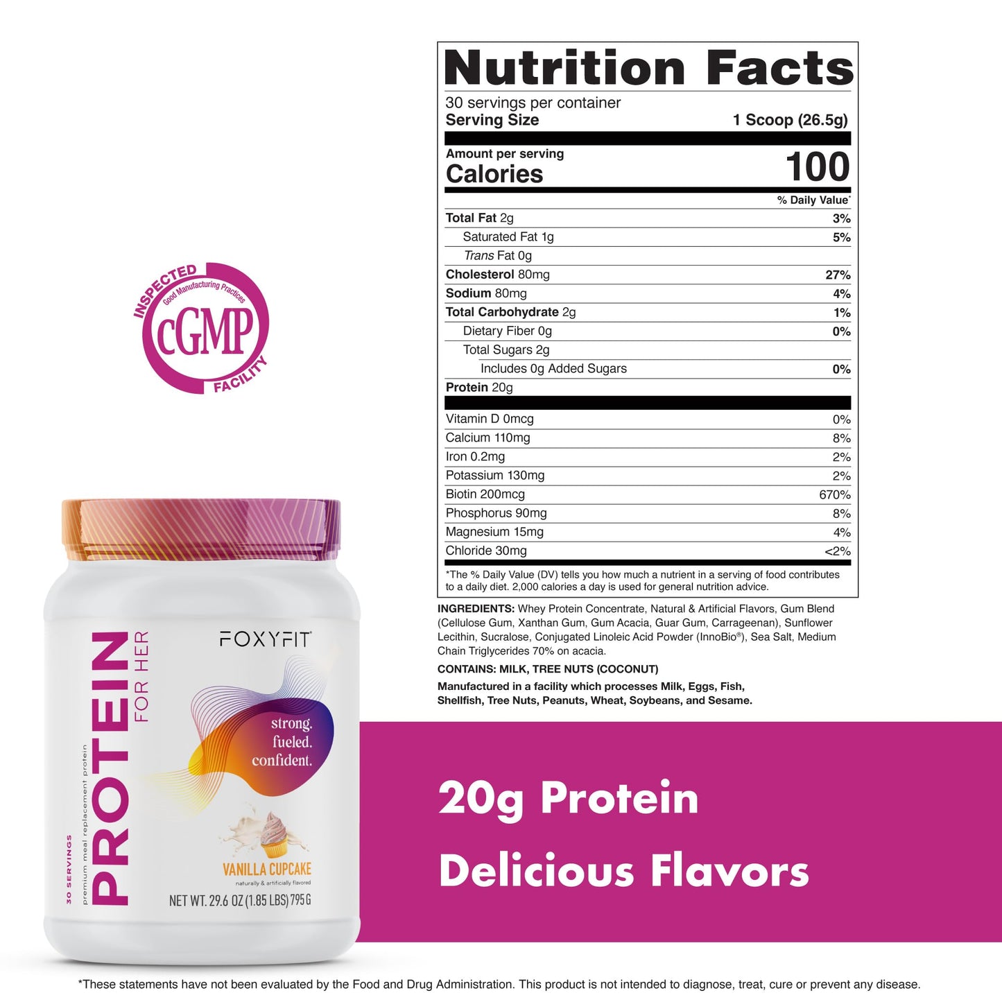FoxyFit Protein for Her Vanilla Cupcake Whey Protein Powder with CLA and Biotin for a Healthy Glow, 29.6 Servings
