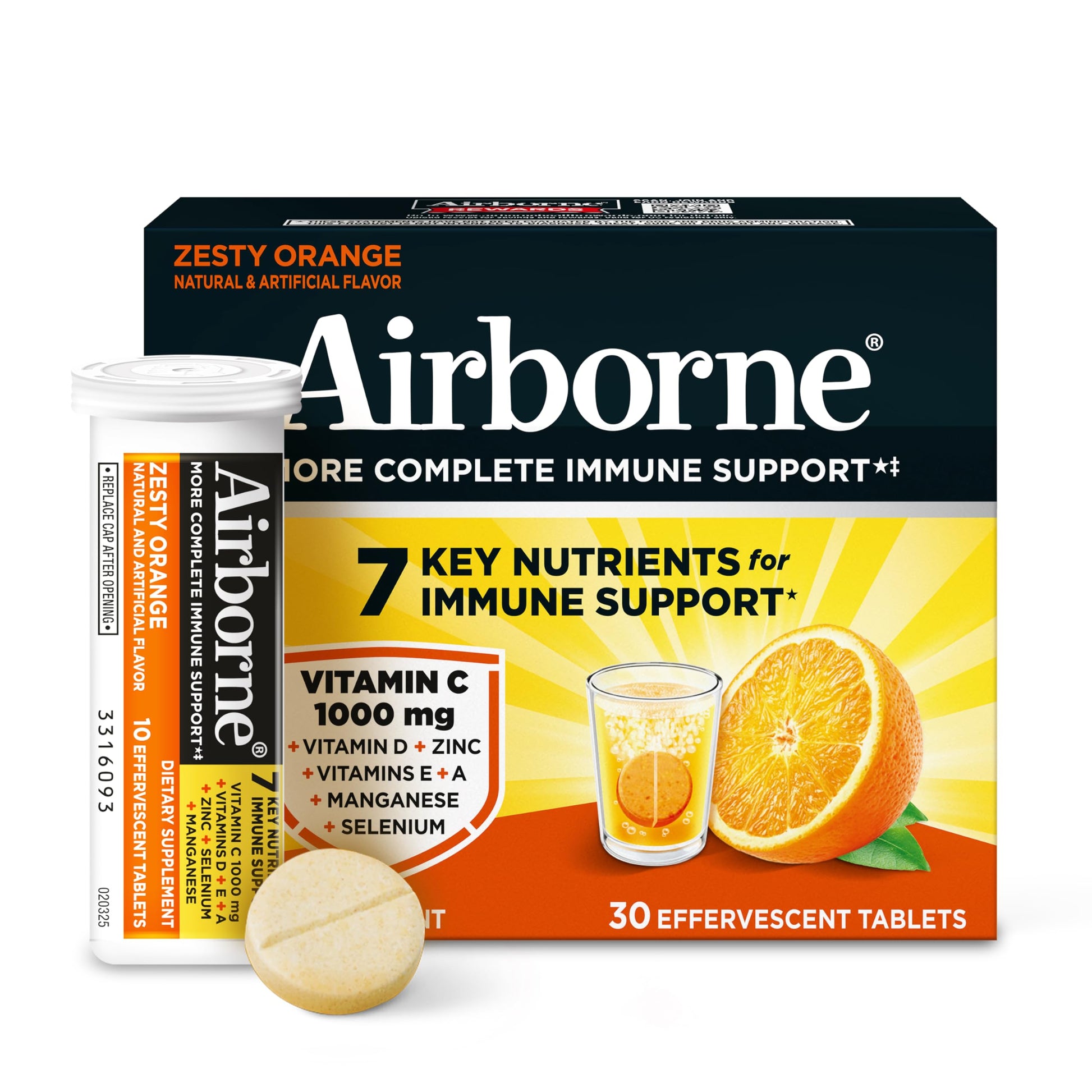 Airborne 1000mg Vitamin C + Zinc Sugar Free Multivitamin Immune Support Effervescent Tablets, 30 Tablets