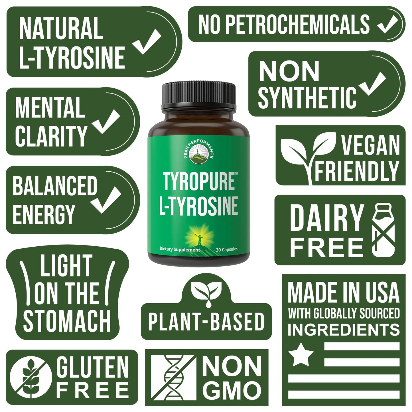 Peak Performance TyroPure L Tyrosine 500mg Capsules, 30 Count