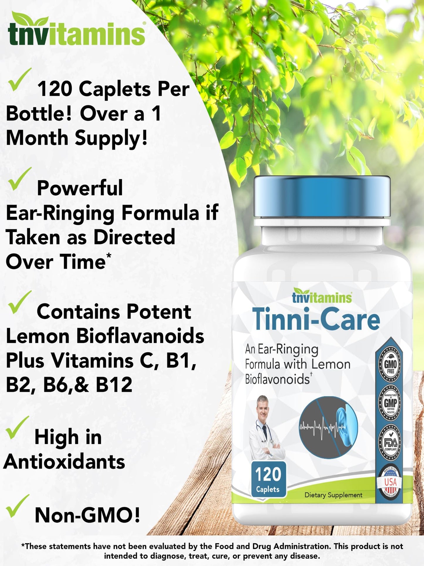 tnvitamins Tinni-Care Lemon Bioflavonoid Supplement Ear Ringing Relief Formula That May Help with Ringing Over Time 120 Caplets