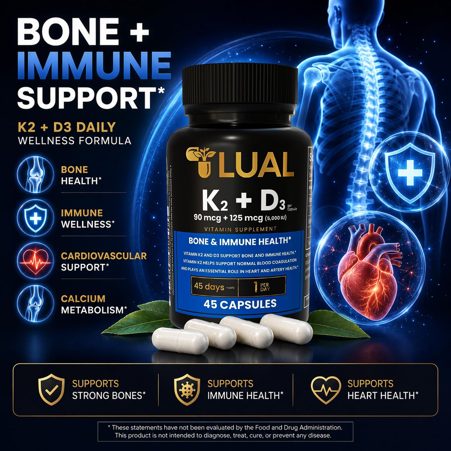 LUAL Vitamin K2 + D3 Supplement 45 Capsules