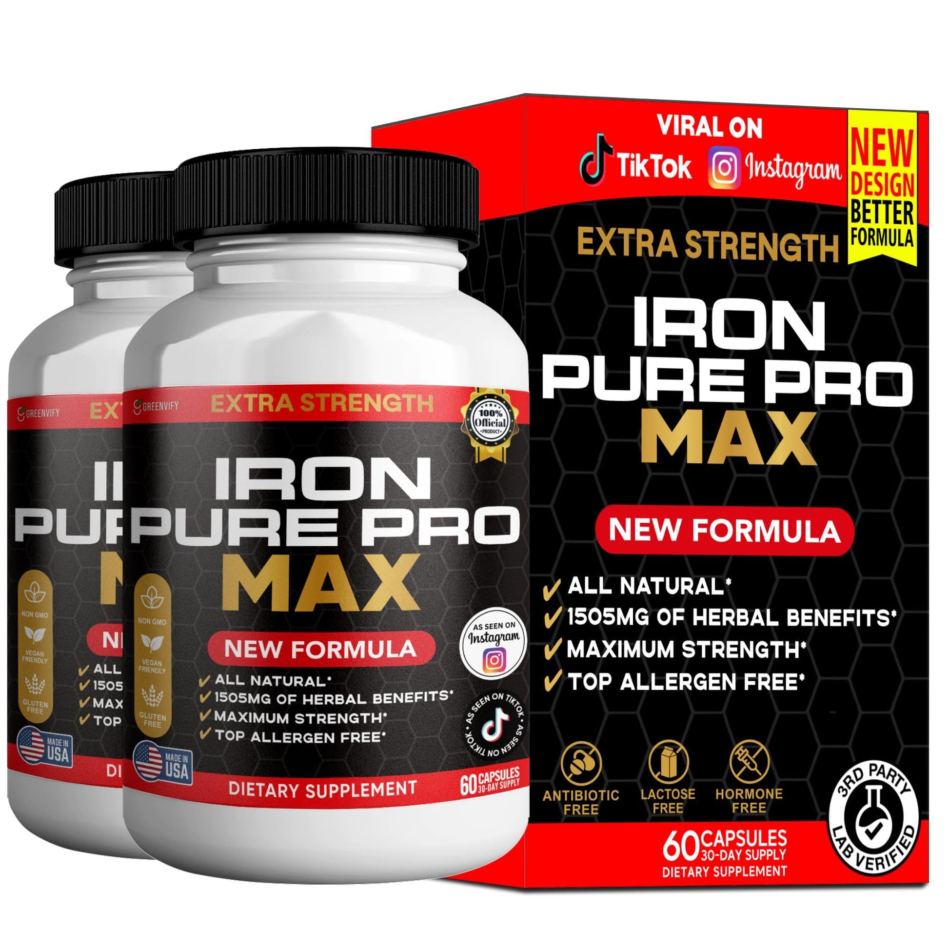 GREENVIFY Iron Pure Pro Max Organic Maca Root Blend Capsules, 60 Count