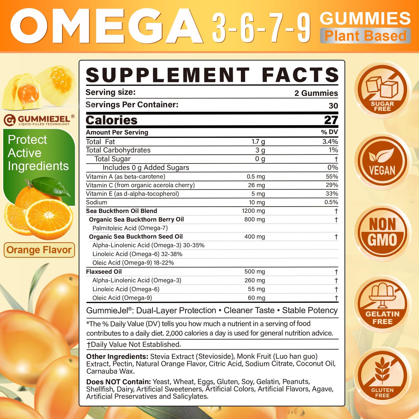 NEVISS Omega 3-6-7-9 Gummies with Sea Buckthorn Oil 1200mg & Flaxseed Oil 500mg, 60 Count