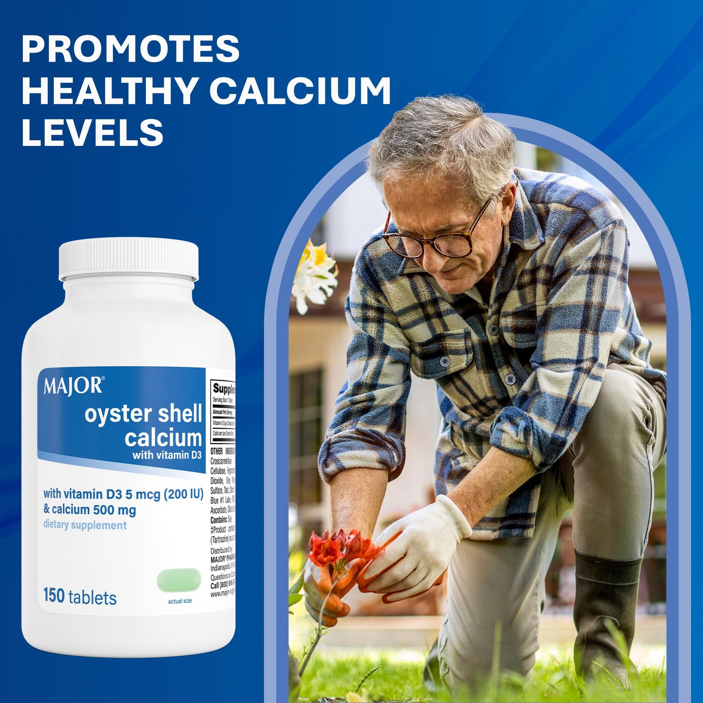 MAJOR Oyster Shell Calcium 500mg Tablets with Vitamin D3 200IU (5 mcg) - Gluten-Free Daily Vitamin D Dietary Supplement for Bone Health and Calcium Absorption, 150 Count