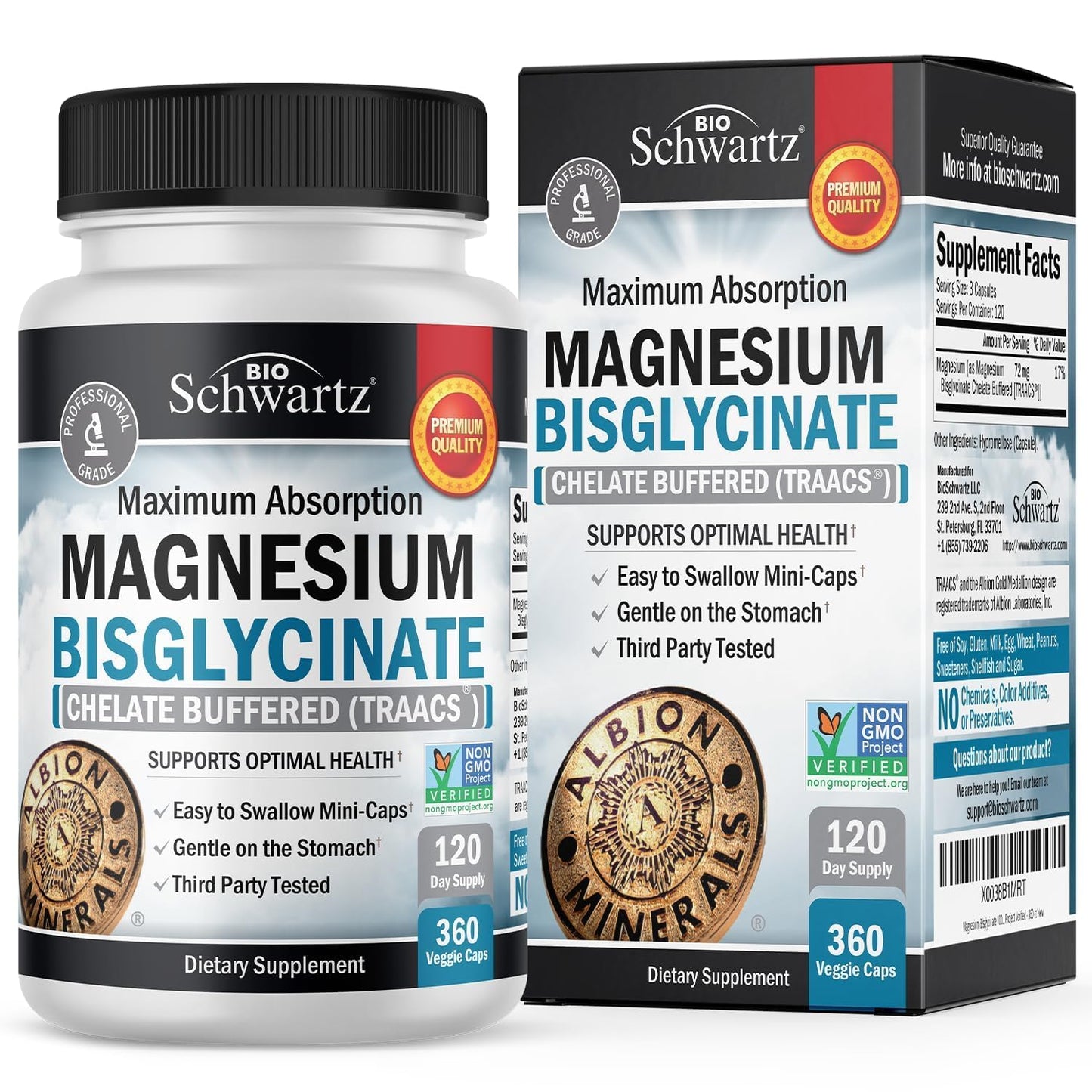 BioSchwartz Magnesium Bisglycinate Chelated Supplement Capsules 360