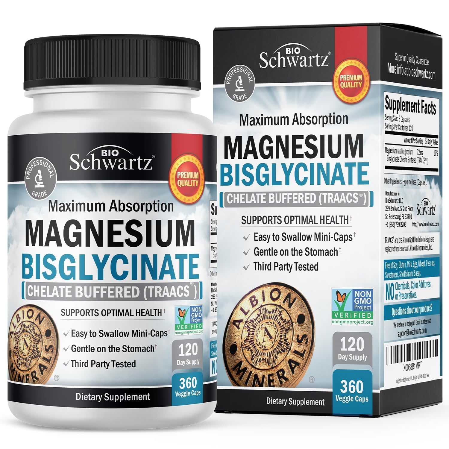 BioSchwartz Magnesium Bisglycinate Chelated Supplement Capsules 360
