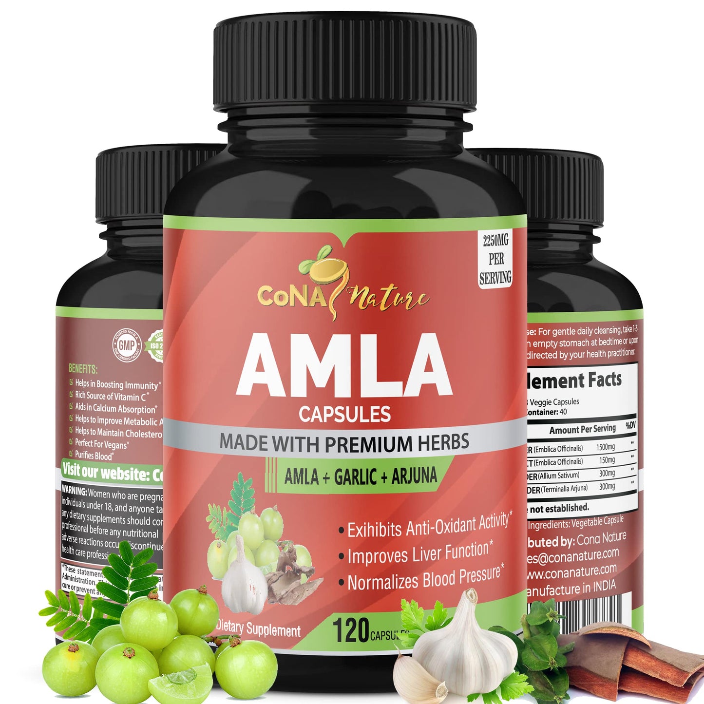 Cona Nature Organic Amla 2250mg with Arjuna & Garlic Capsules 120 Count