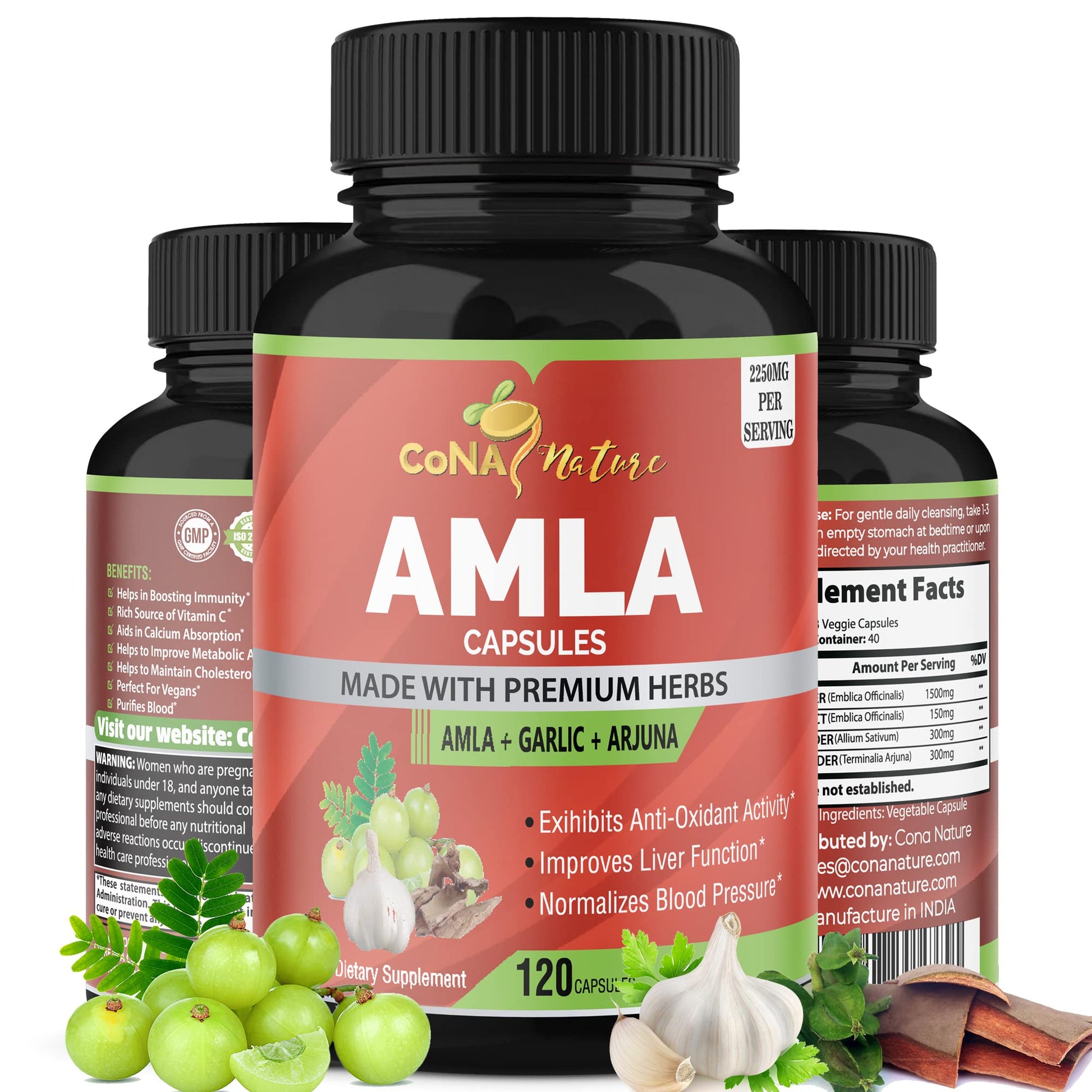 Cona Nature Organic Amla 2250mg with Arjuna & Garlic Capsules 120 Count