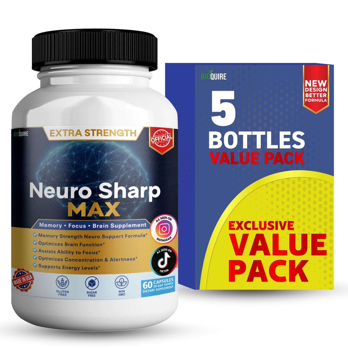 BIOQUIRE Neuro Sharp Max Extra Strength Memory and Focus Supplement, 60 Capsules