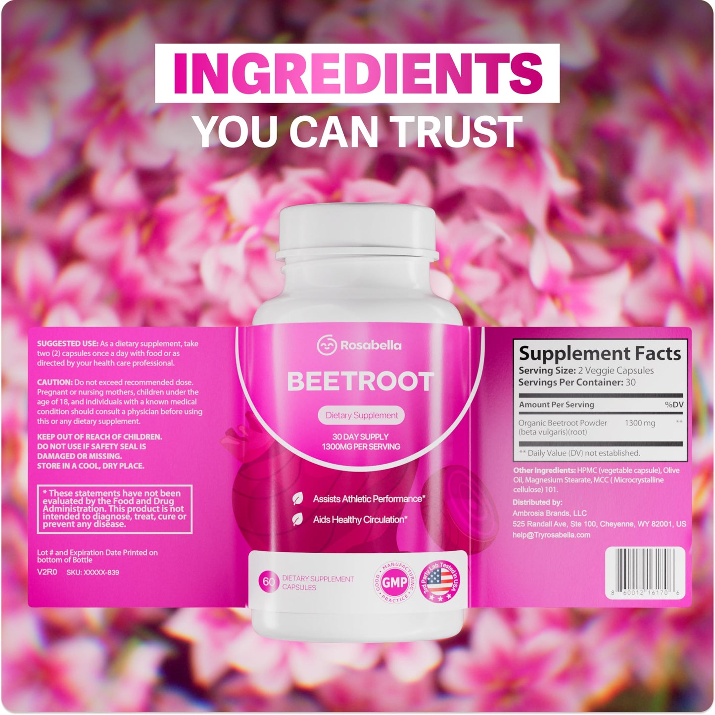 Rosabella Organic Beet Root Capsules - 1300mg Beet Root Powder Aids Healthy Circulation & Vitality, Non-GMO Beet Root Supplement, 60 Capsules