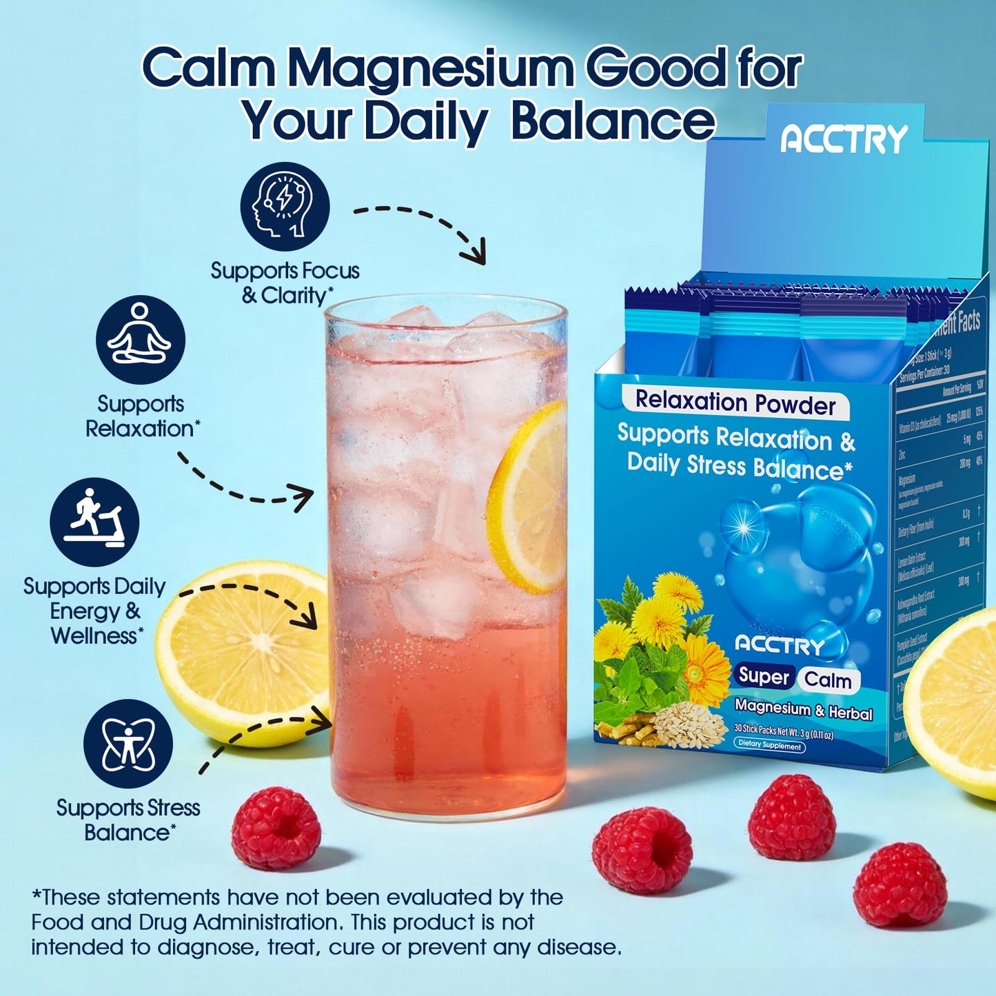 Acctry Super Calm Magnesium Complex Powder (Glycinate, Malate & Taurate) for Women and Men with Ashwagandha Root Extract, Lemon Balm, Vitamin D3 & Zinc, No Sugar, Raspberry Lemonade, 5