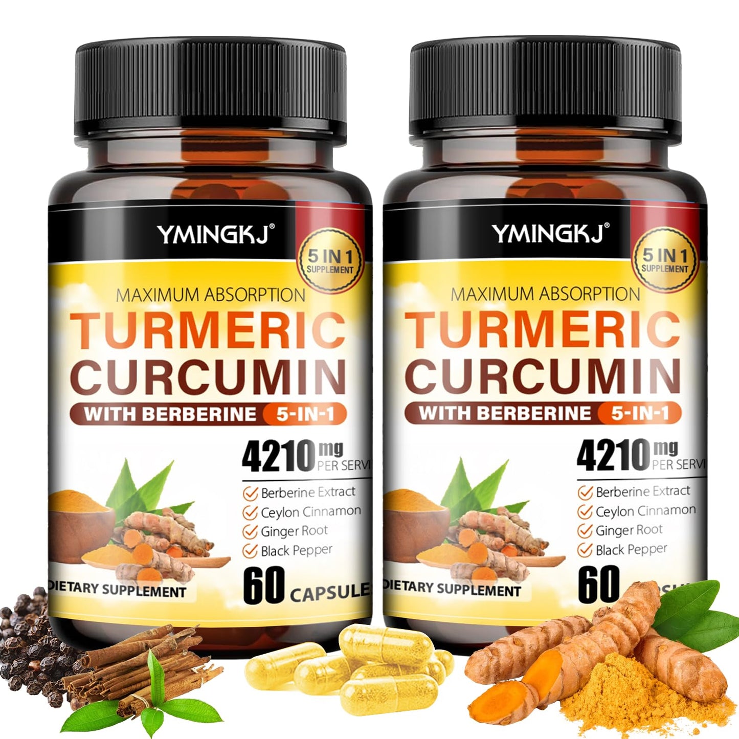 YMINGKJ Turmeric Curcumin Supplement with Black Pepper & Bioactive Botanicals, Turmeric, Ginger, Berberine, Ceylon Cinnamon Capsules 120