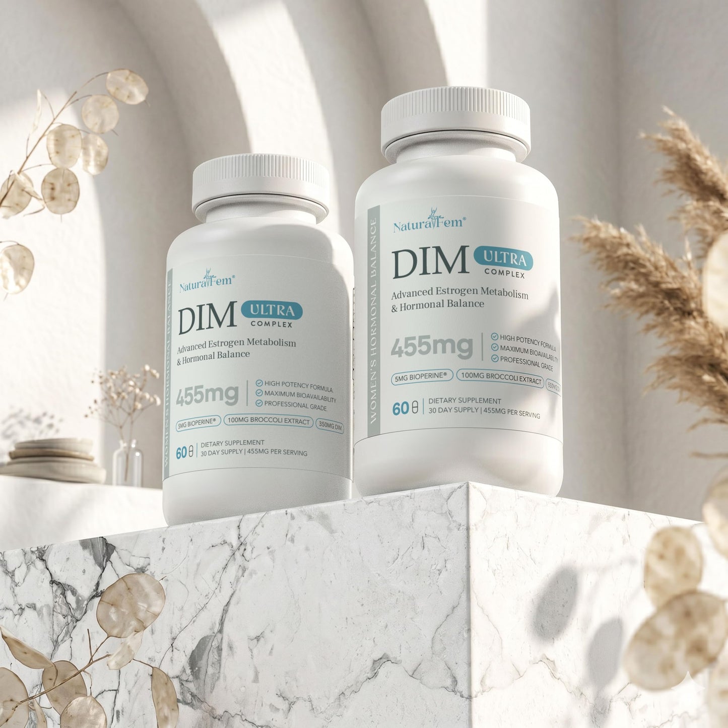 Naturalfem DIM 350mg Ultra Complex - Advanced Hormone Balance for Women & Estrogen Metabolism Support - with 100mg Broccoli Extract & BioPerine - High Potency 455mg Formula, 60 Capsules