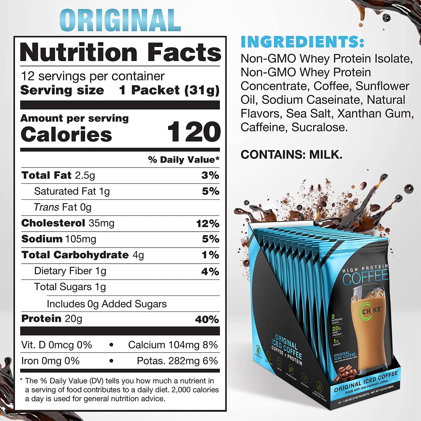 CHIKE High Protein Iced Coffee Powder, Original, 13.8 Ounce