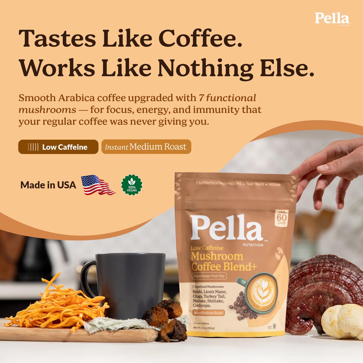Pella Nutrition Low-Caffeine Mushroom Coffee Powder 6.3 oz