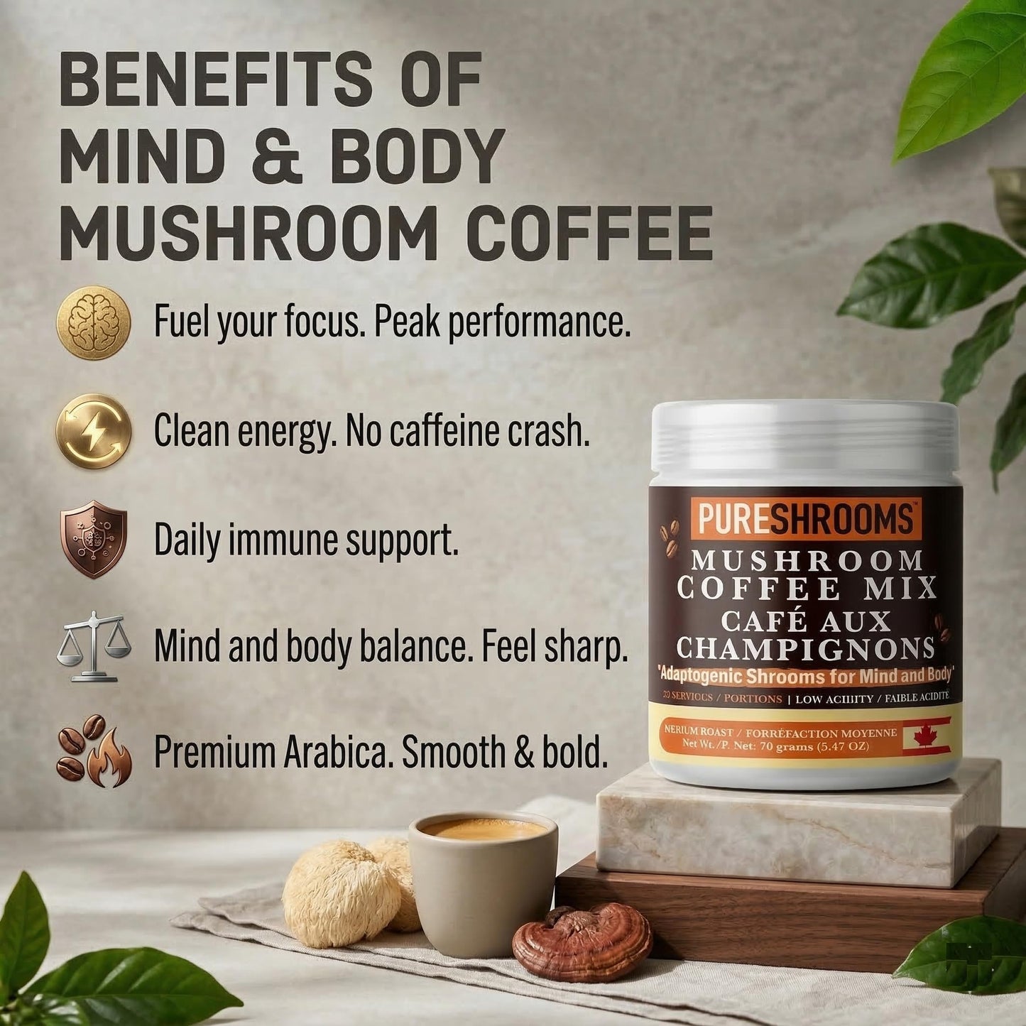 PureShrooms Mind & Body Mushroom Coffee Instant Coffee Powder 2.47 oz