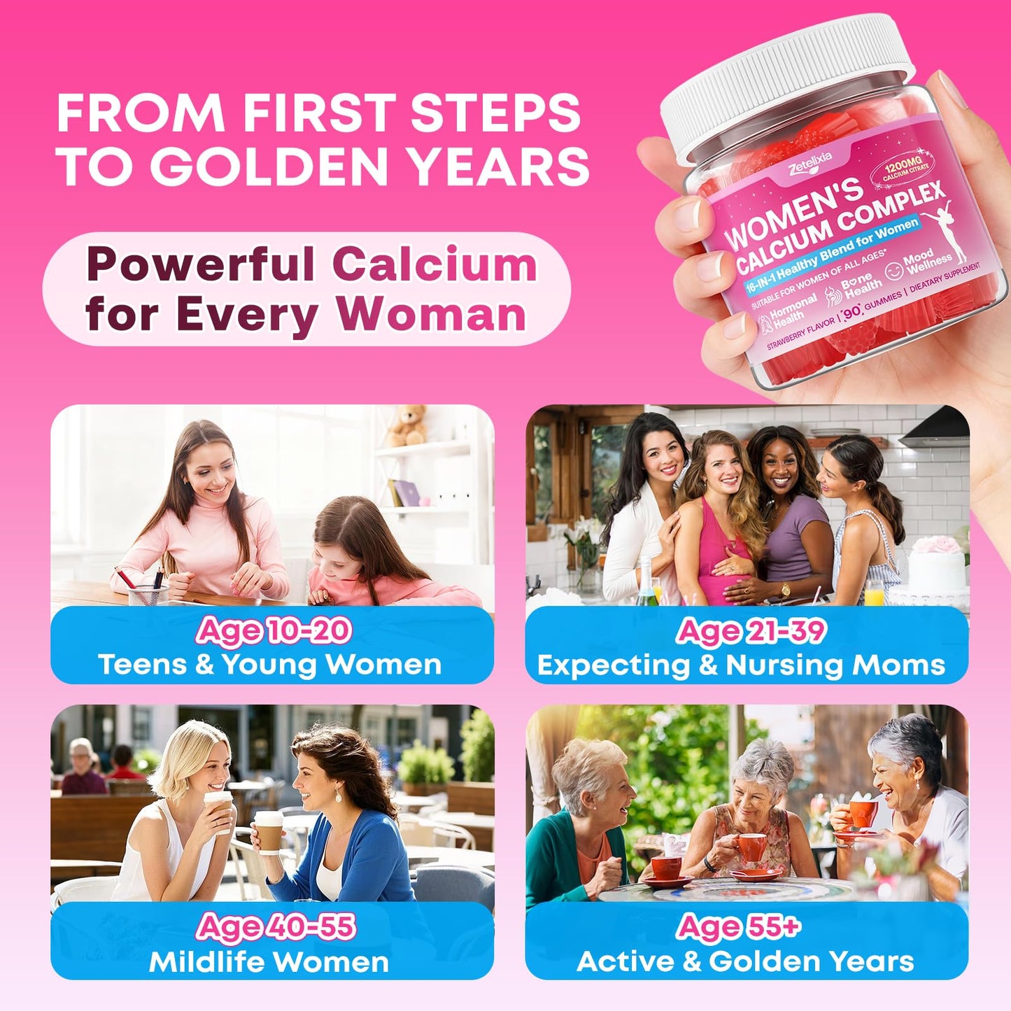 Zetelixia Calcium Gummies for Women with Calcium Citrate 1200mg, Vitamin D3 & K2, Collagen & Biotin, Sugar Free, Non-GMO, Gluten-Free, Strawberry Flavor, 90 Count