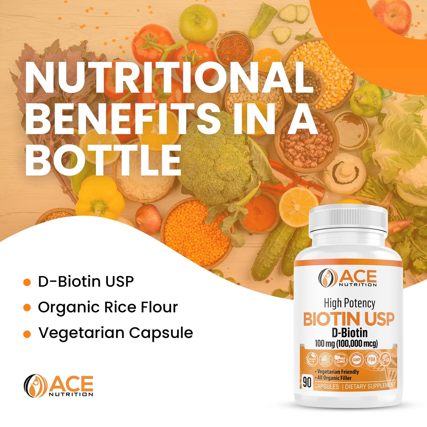 Ace Nutrition High Potency Biotin USP (D-Biotin 100,000mcg) - Vegetarian Capsules, 30 Count