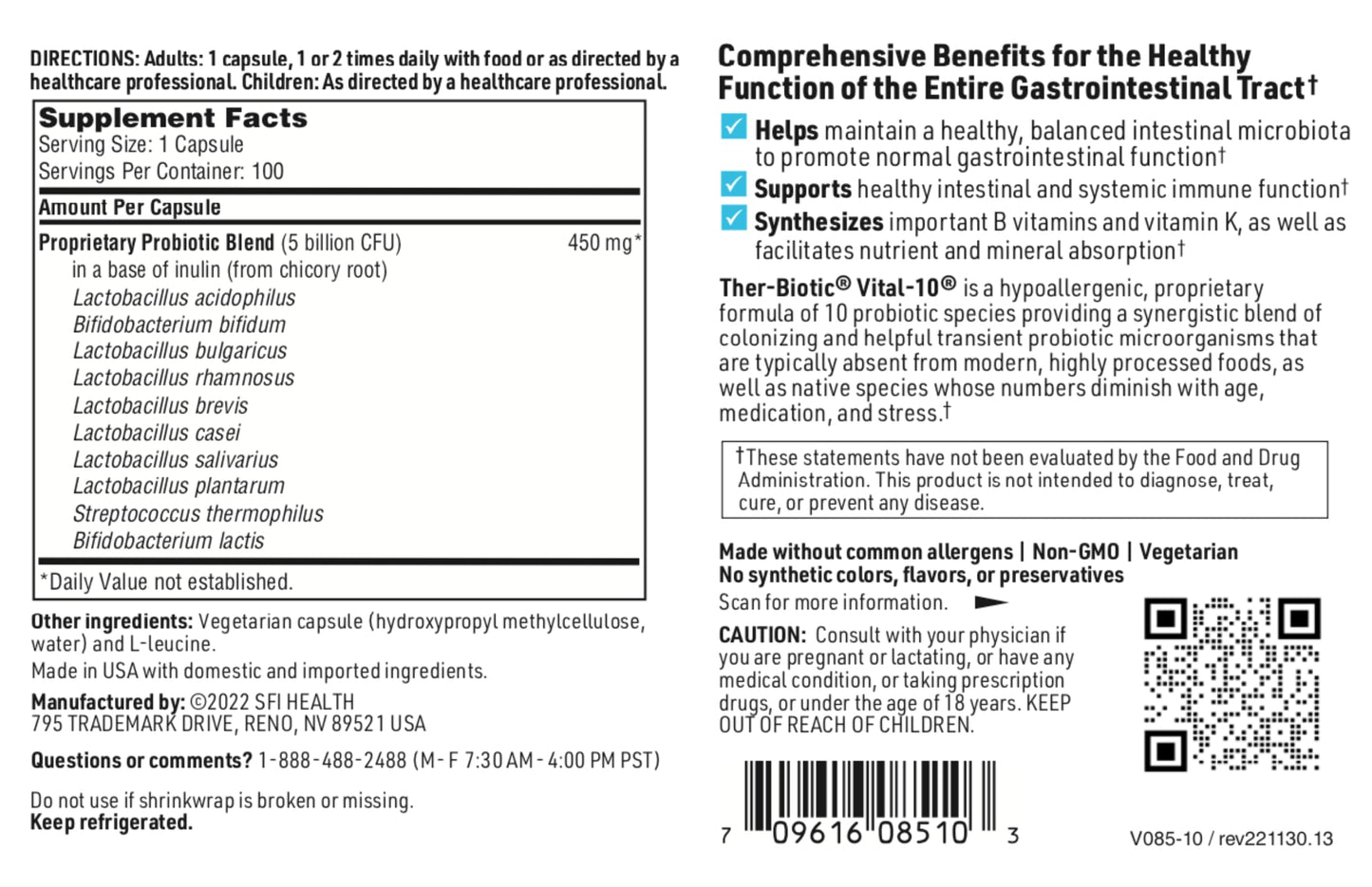 SFI Health Klaire Labs Ther-Biotic Vital 10 - Multistrain Probiotic with Lactobacillus, Bifidobacterium & More - Support Gut Health, A Balanced Microbiome & Immune Function, 100 Capsules