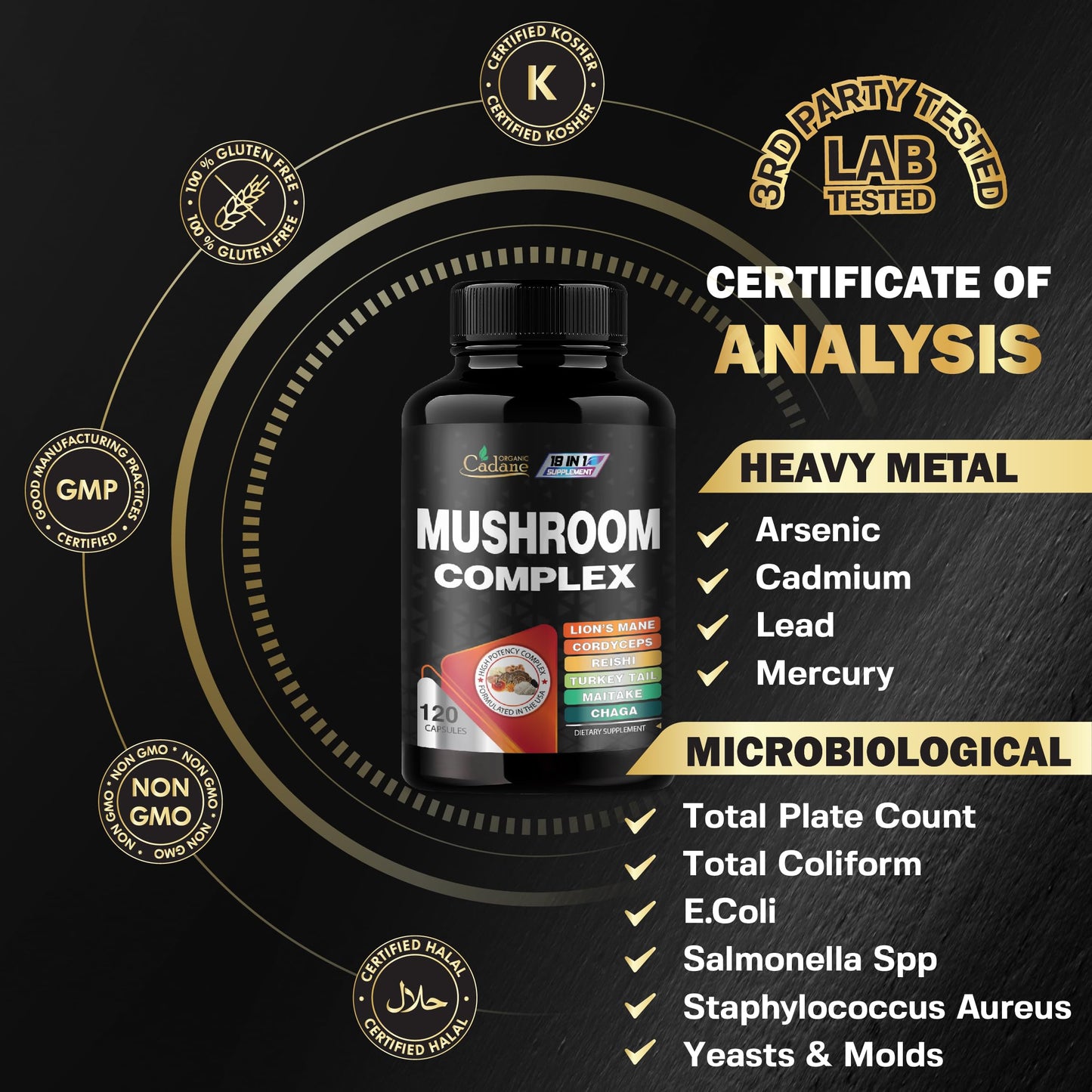 Organic Cadane Mushroom Complex Supplements 19in1 Concentrated with Lions Mane, Cordyceps Sinensis, Reishi, Turkey Tail Mushroom, Maitake, Chaga, Shiitake, Enoki, Agaricus, and More 120 Capsules