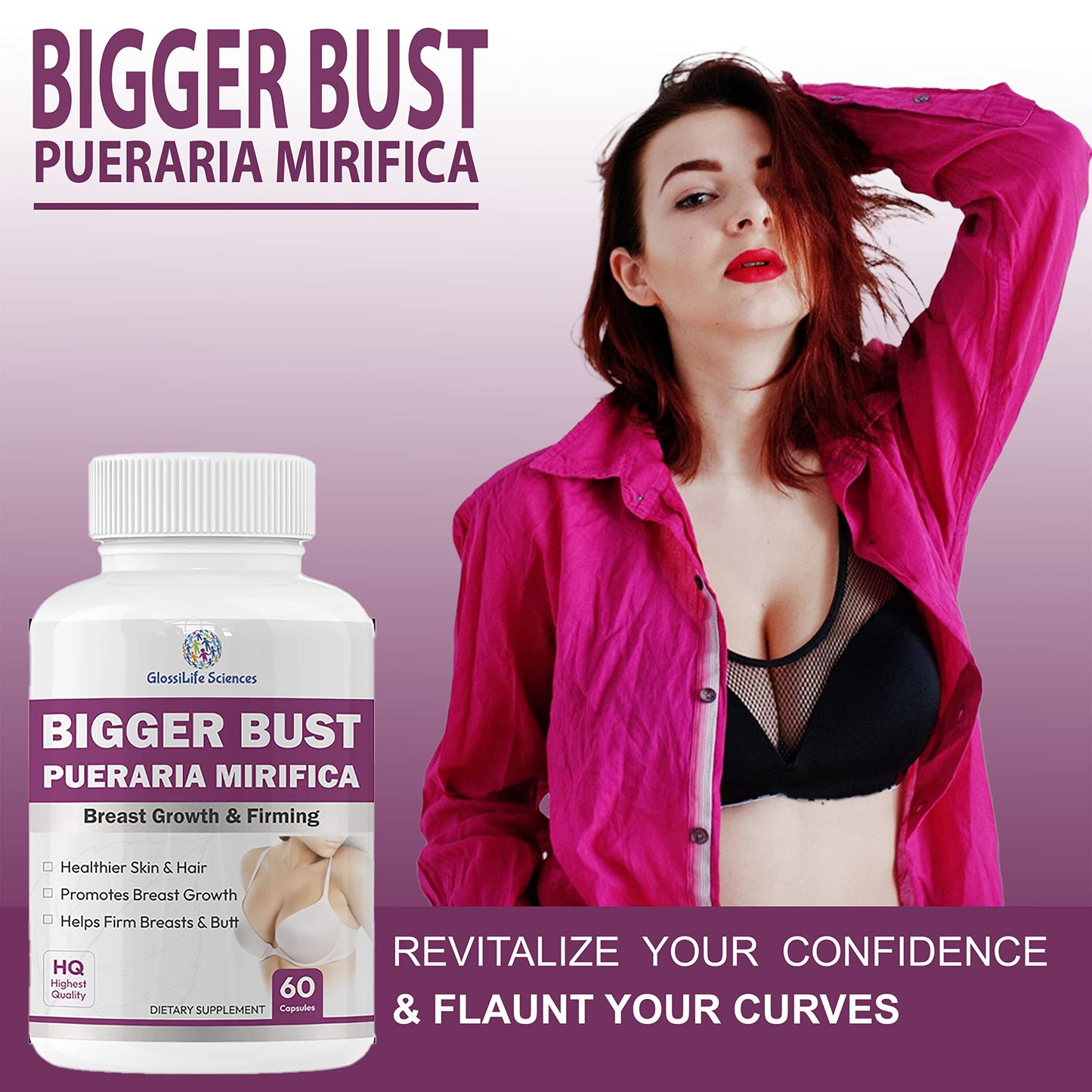 GlossiLife Sciences Pueraria Mirifica Bigger Bust 500mg (eq 7500mg) Capsules, 120 Count