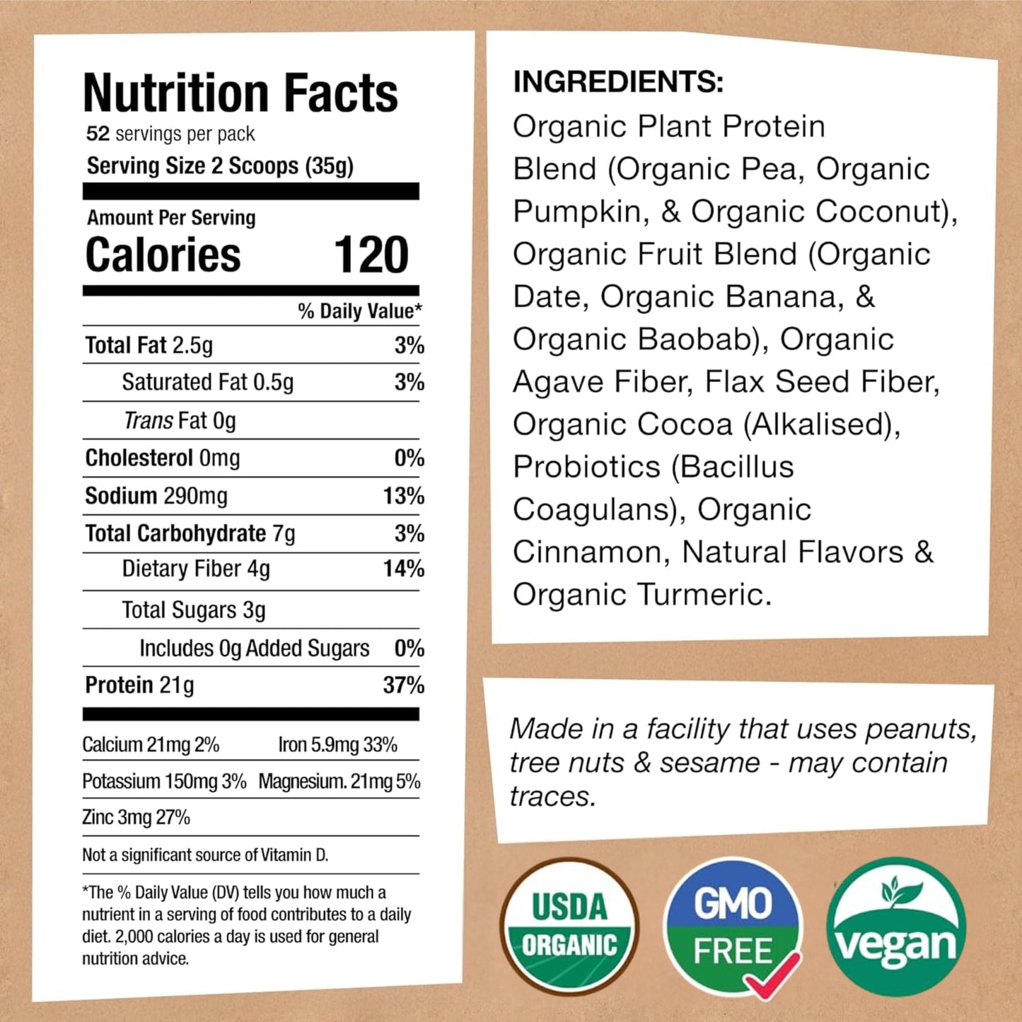 EarthChimp Organic Vegan Protein Powder with Probiotics - Plant Based, Non-GMO, Dairy Free, Gluten Free, Plain & Unsweetened - 64 oz, 52 Servings