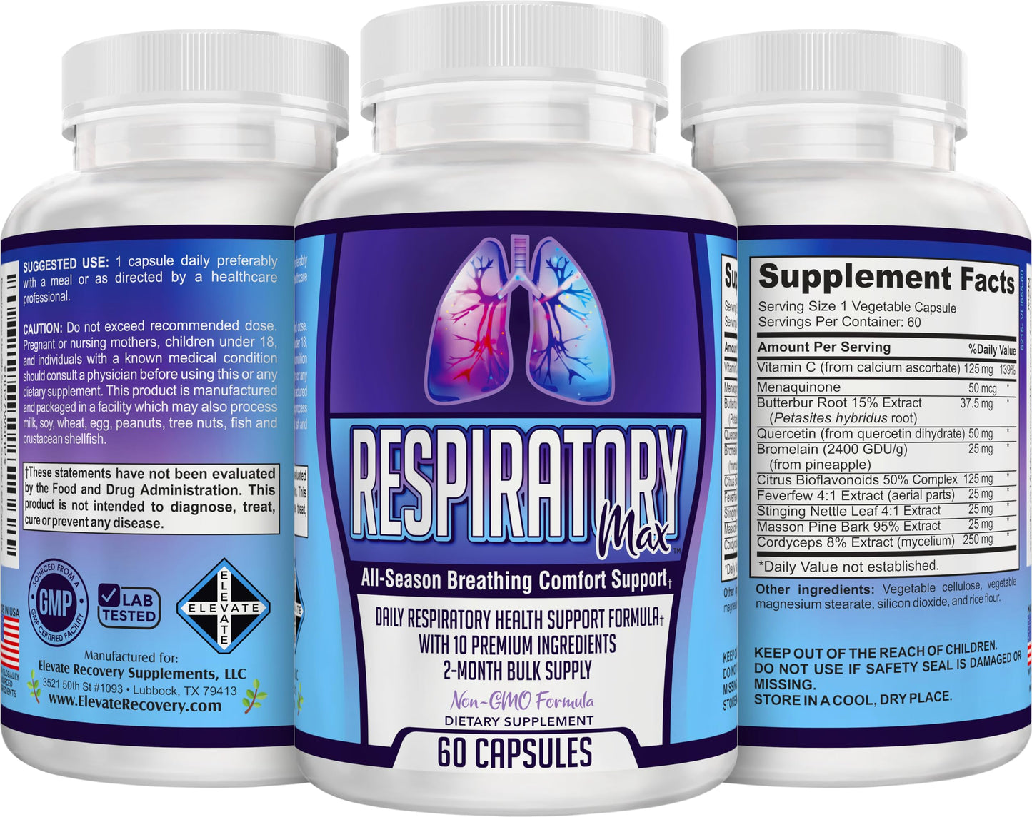 Elevate Recovery Supplements Respiratory-Max Lung & Respiratory Support Supplements 60 Capsules