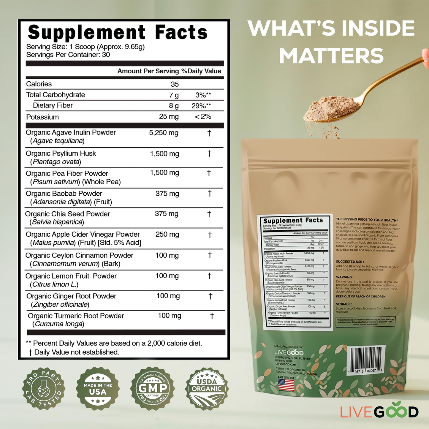 LIVEGOOD Organic Fiber Powder with Agave Inulin, Psyllium Husk, Pea Fiber, 10 Plant-Based Sources for Digestion Detox, Gut Support and Daily Wellness Organic Fiber Supplement, 10.2 Ounce