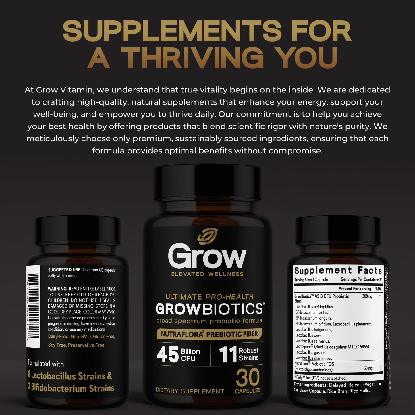 Grow Vitamin GrowBiotics Probiotics for Women & Men: Comprehensive Formula, 45 Billion CFU, 11 Strains, Dairy Free - w/Prebiotics and Probiotics - Promotes Immune & Gut Health, 30 Capsules