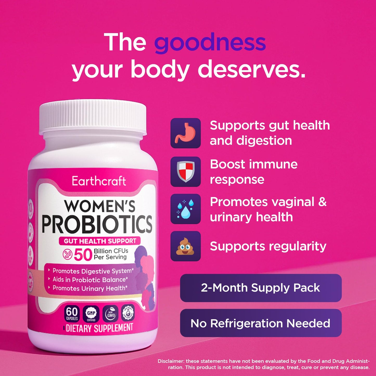 Earthcraft Probiotics for Women 50 Billion CFU – 10 Strains + Prebiotics for Vaginal Health, Digestive, Gut, PH Balance and Immune Health – Delayed Release Capsules, Non-GMO, Vegan, Support Nutrient Absorption, 60 Count