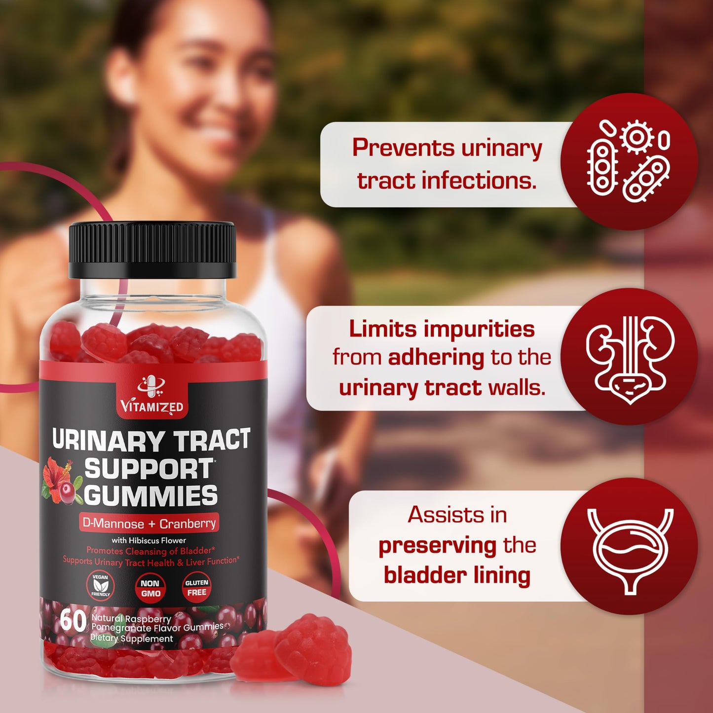 VITAMIZED Cranberry Gummies with D-Mannose Urinary Flush with Hibiscus Powder, 180 Count