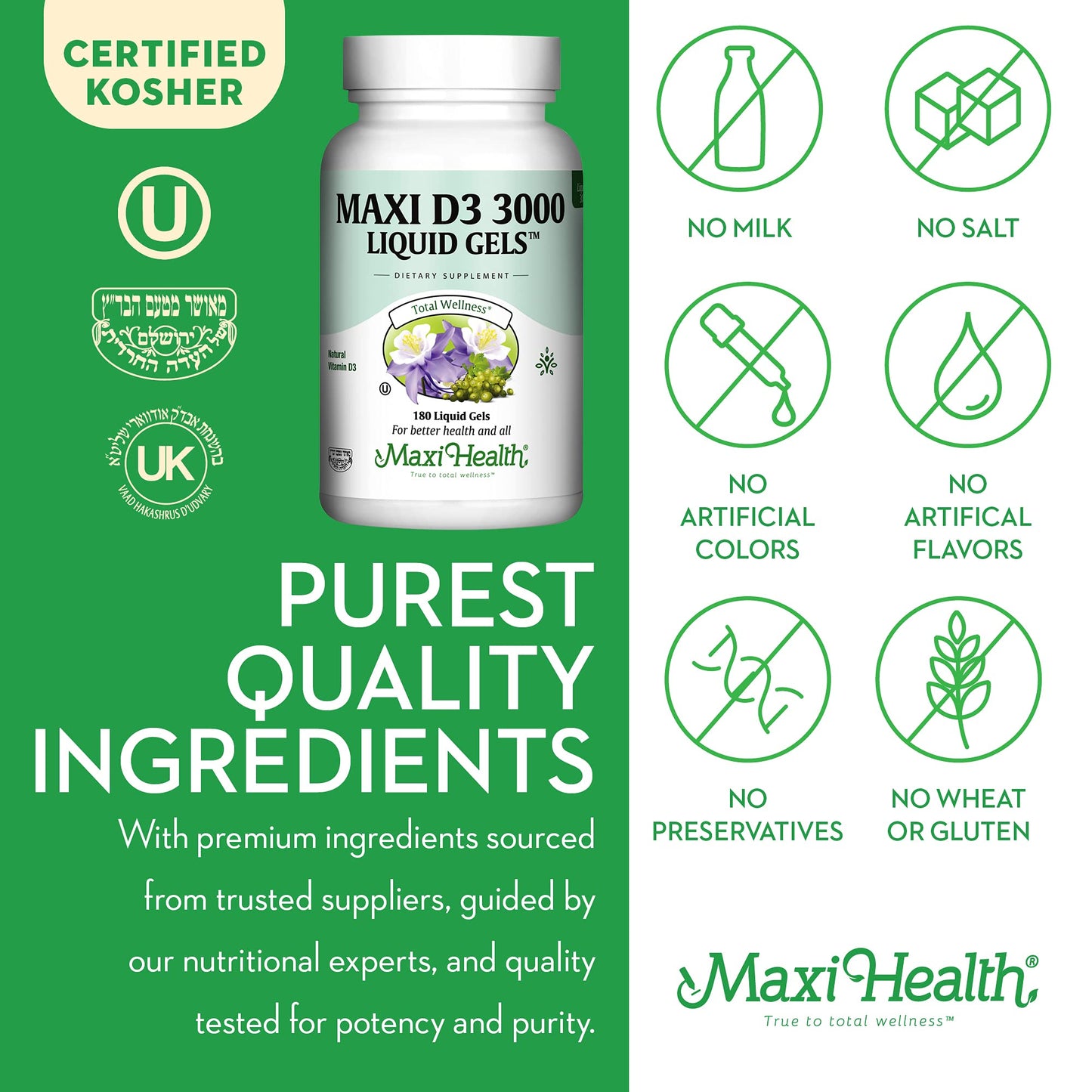 Maxi Health Vitamin D3 3000 IU (75 mcg) Vitamin D Supplement Softgels, 180 Count