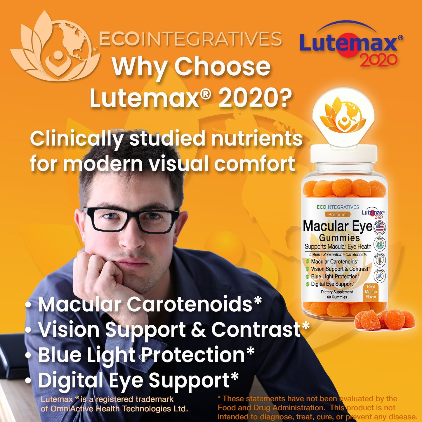 EcoIntegratives Premium Macular Eye Gummies with Lutemax 2020 – Lutein & Zeaxanthin Carotenoids for Eye Health, Blue Light & Vision Support, Real Mango Flavor, Easy Flip-Top Lid, 60 Gummies