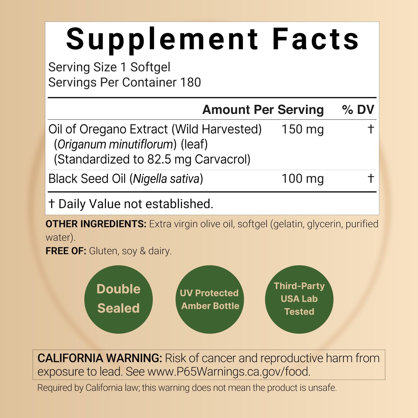 NatureBell Oil of Oregano with Black Seed Oil Softgels 180 Count