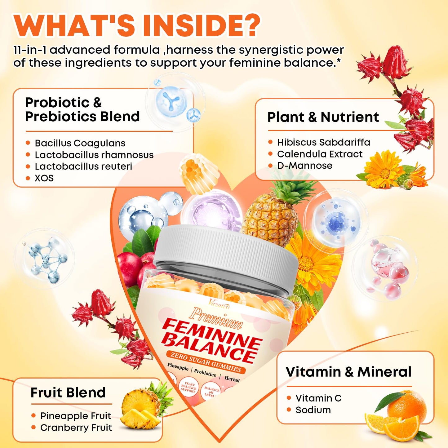 Vazatisi Feminine Balance Gummies for Women’s Pineapple PH Balance, Healthy Odor, Yeast Balance & Flora, Vegetarian Friendly, Sugar Free, 120 Gummies