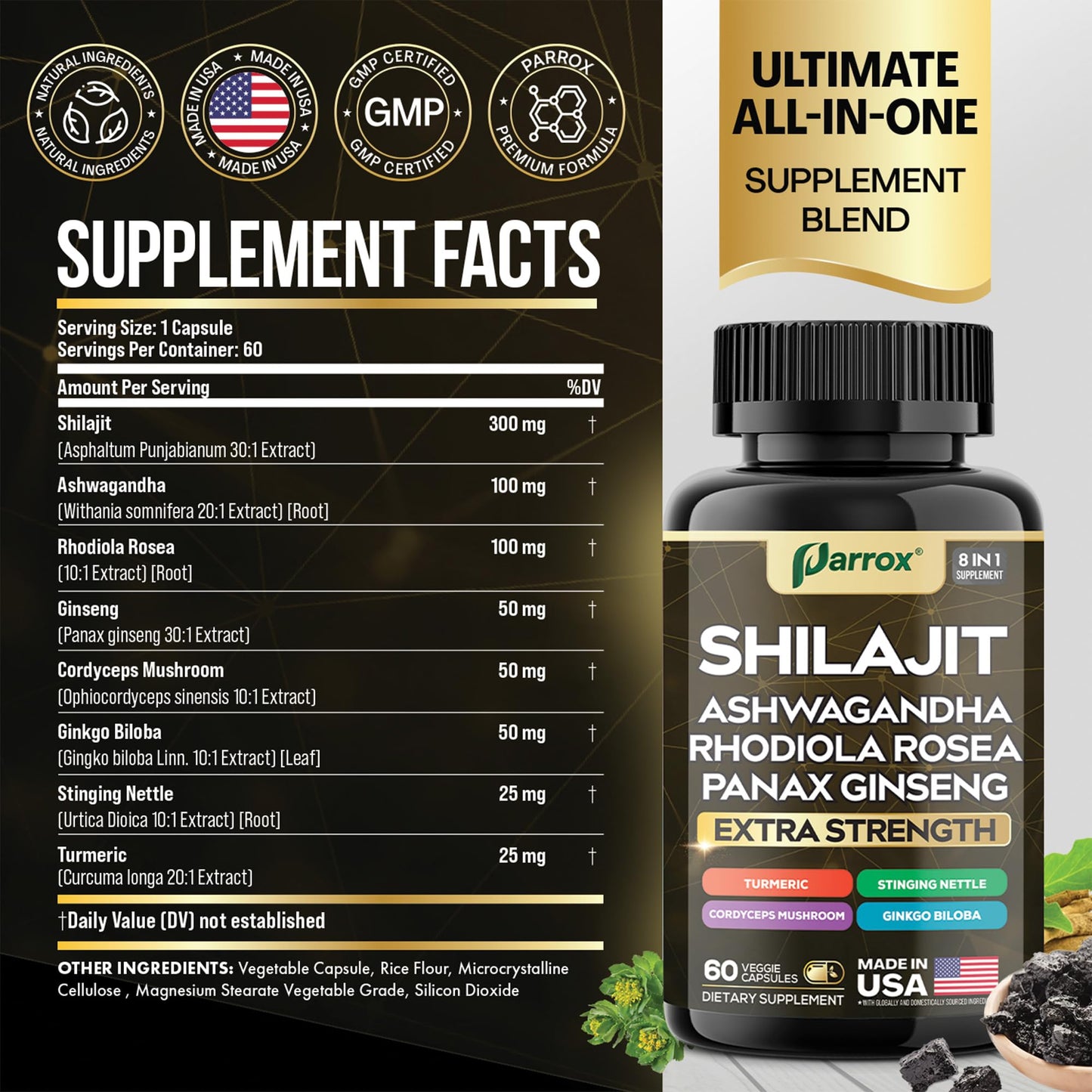 Parrox Shilajit Supplement Panax Ginseng Men & Women, 180 Capsules