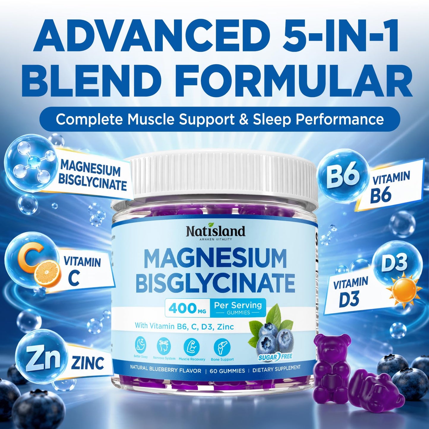 NATISLAND Magnesium Bisglycinate Gummies 60 Count