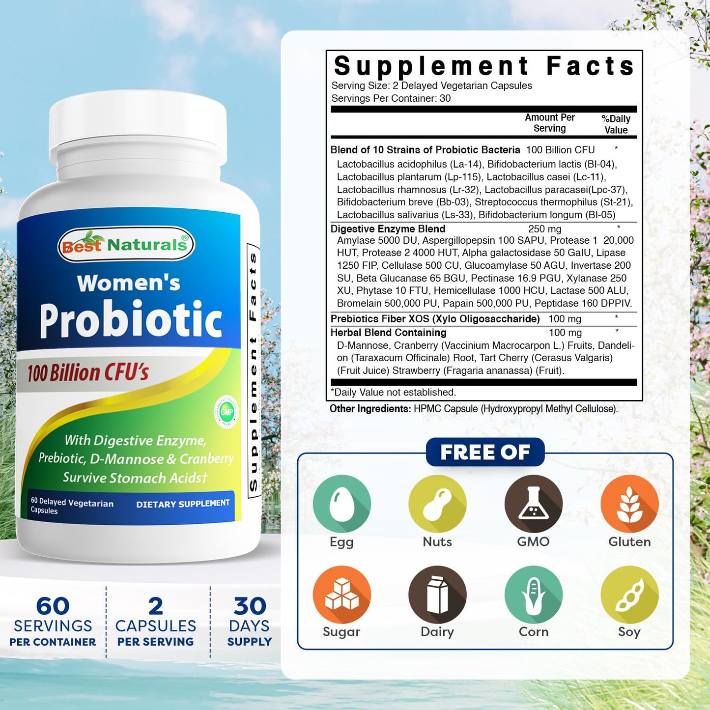 Best Naturals Probiotics for Women 100 Billion CFU - 10 Strains + Prebiotics Fiber + Digestive Enzyme Blend + Women's Health Herbal Blend - Immune, Digestive & Gut Health, 60 Capsules