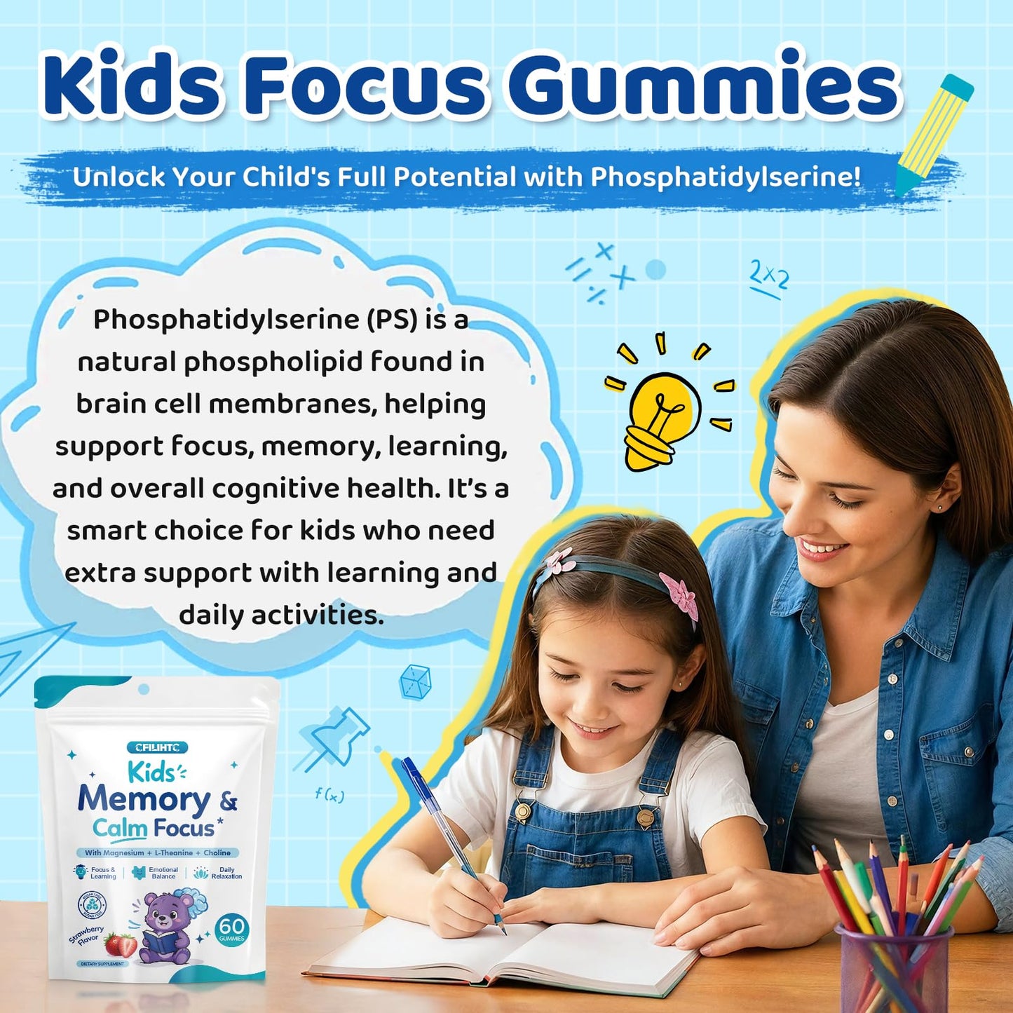 CFILIHTC Kids Focus & Memory Gummies with Magnesium Glycinate, Phosphatidylserine & Choline - Support Brain, Attention & Focus for Kids, Learning & Cognitive Development – Sugar Free Strawberry, 60 Gummies