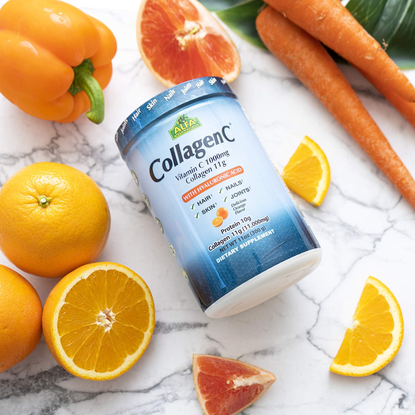 ALFA VITAMINS CollagenC Hydrolysate Peptides Powder Supplement with 1,000mg Vitamin C, Orange Flavor, 11 oz