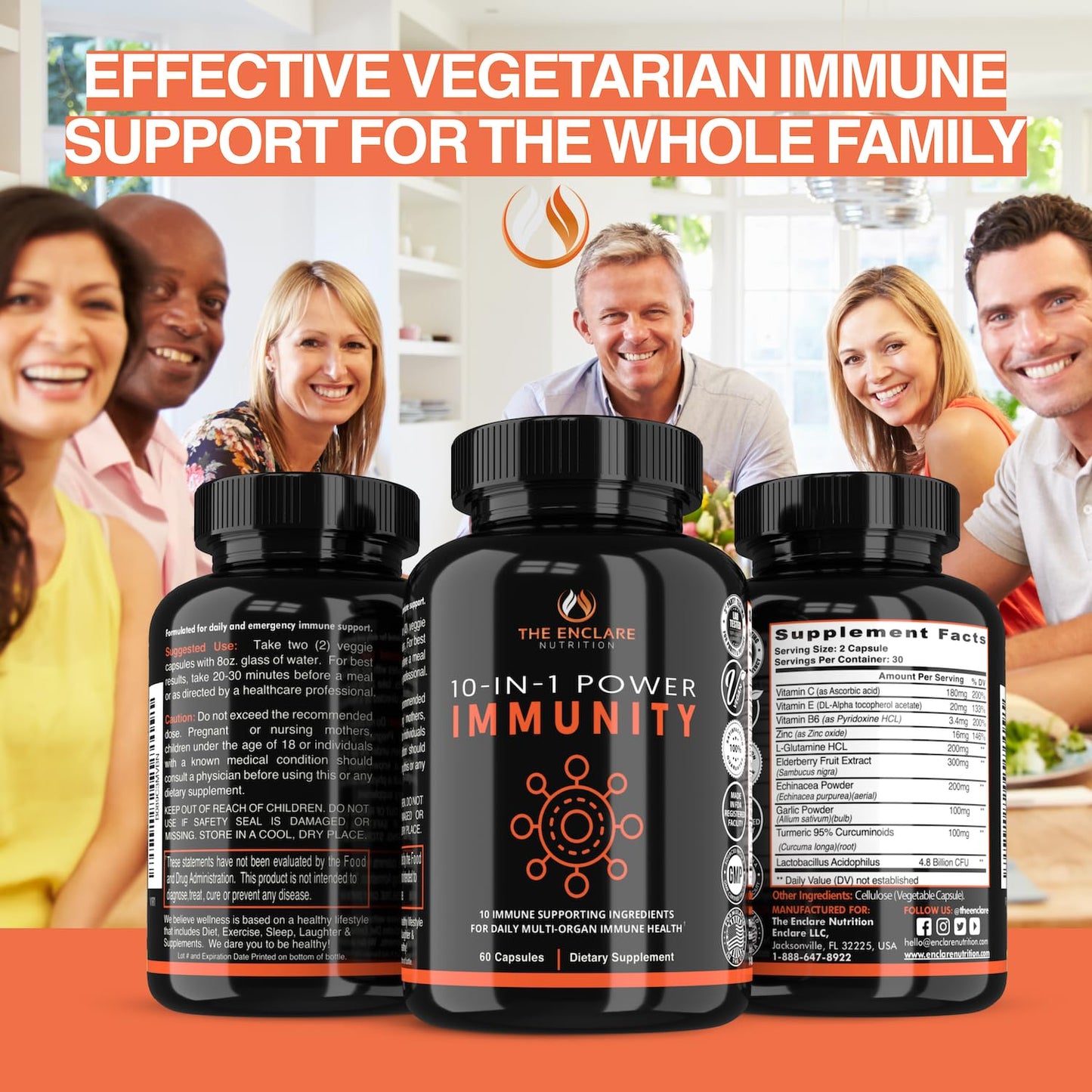 THE ENCLARE NUTRITION 10 in 1 Immune Support Booster Supplement with Echinacea, Vitamin C and Zinc, Turmeric, Ginger, B6, Elderberry for Adults Immunity Defense Vitamins, 60 Veg Capsules