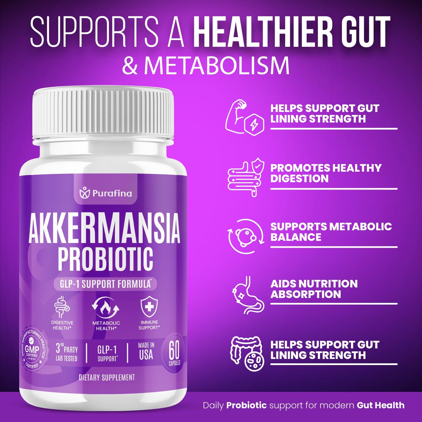 Purafina Akkermansia Probiotic with Prebiotic Chicory Inulin for Increased GLP-1 Support, Akkermansia Muciniphila Probiotic Supplement Delayed Release, Gut Health & Digestive Support Capsule 60 Count