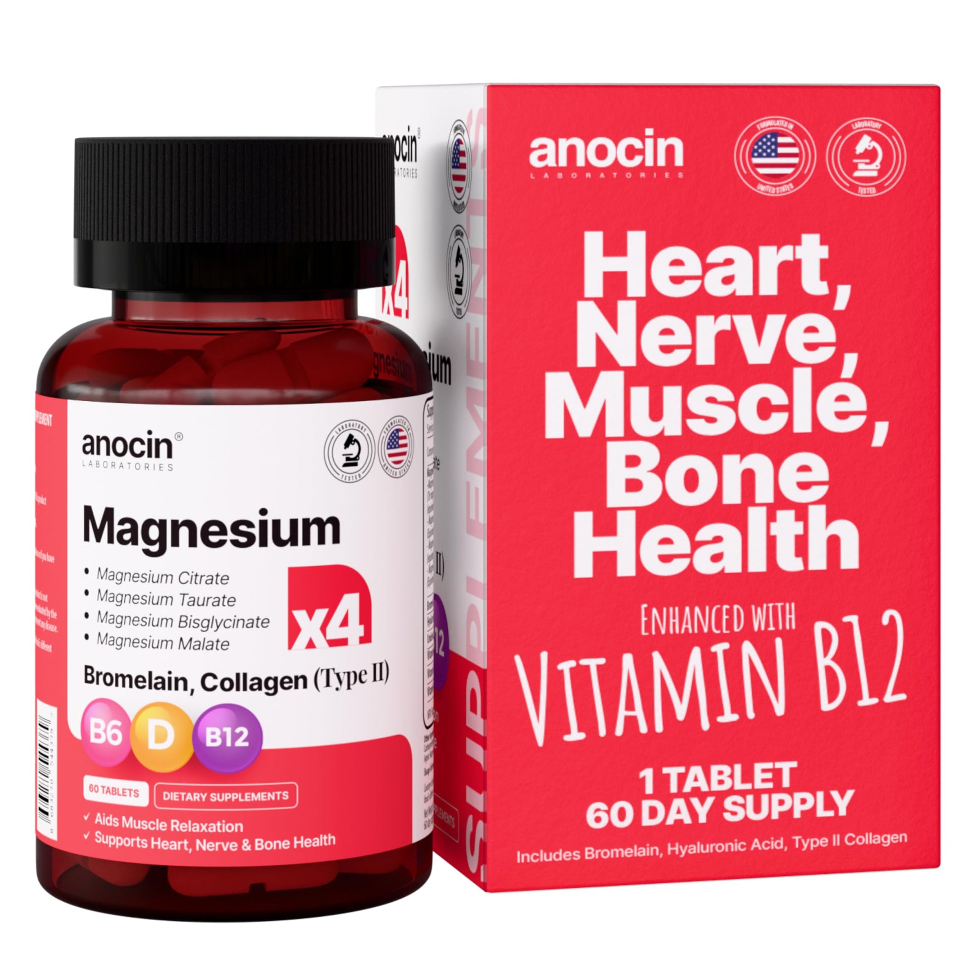 anocin 4X Magnesium Complex 200 mg with Magnesium Glycinate, Citrate, B12 High Absorption, Taurate, Malate, Bromelain, Collagen Type II, Hyaluronic Acid, Heart, Muscle & Joint Support, 60 Tablets
