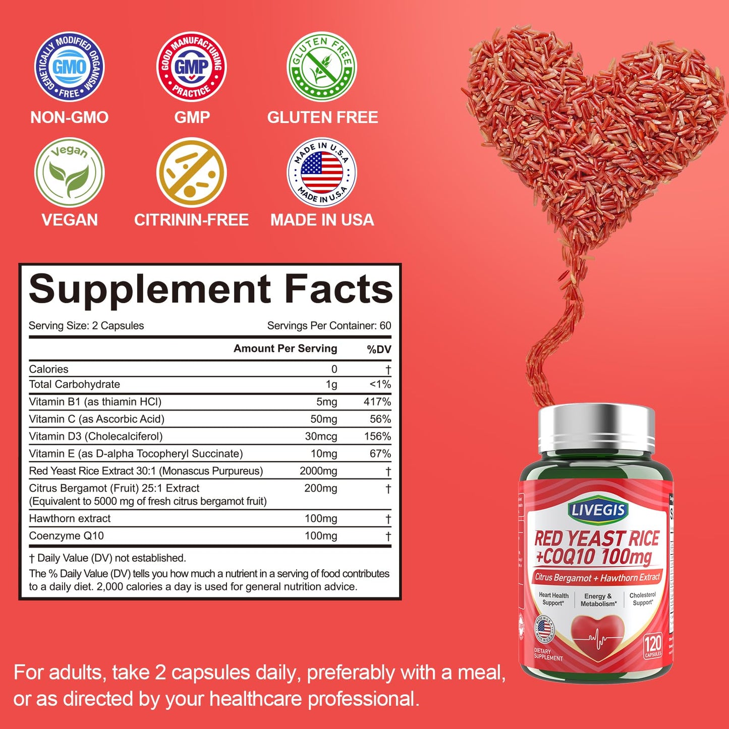 LIVEGIS Red Yeast Rice 2000mg with CoQ10 100mg - Citrinin Free Heart Health Supplement with Citrus Bergamot & Hawthorn - Supports Healthy Cholesterol Levels - Vegan, Non-GMO Capsules 90 Count
