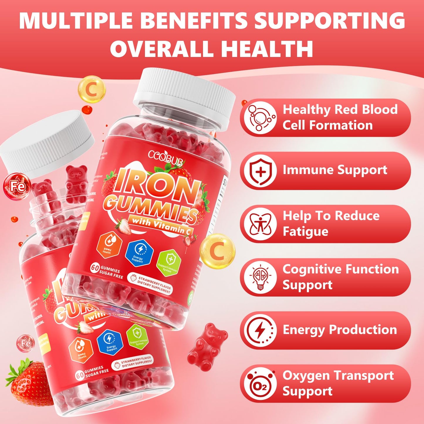 CCOBUB Iron Gummies with Vitamin C Gummy, 60 Count